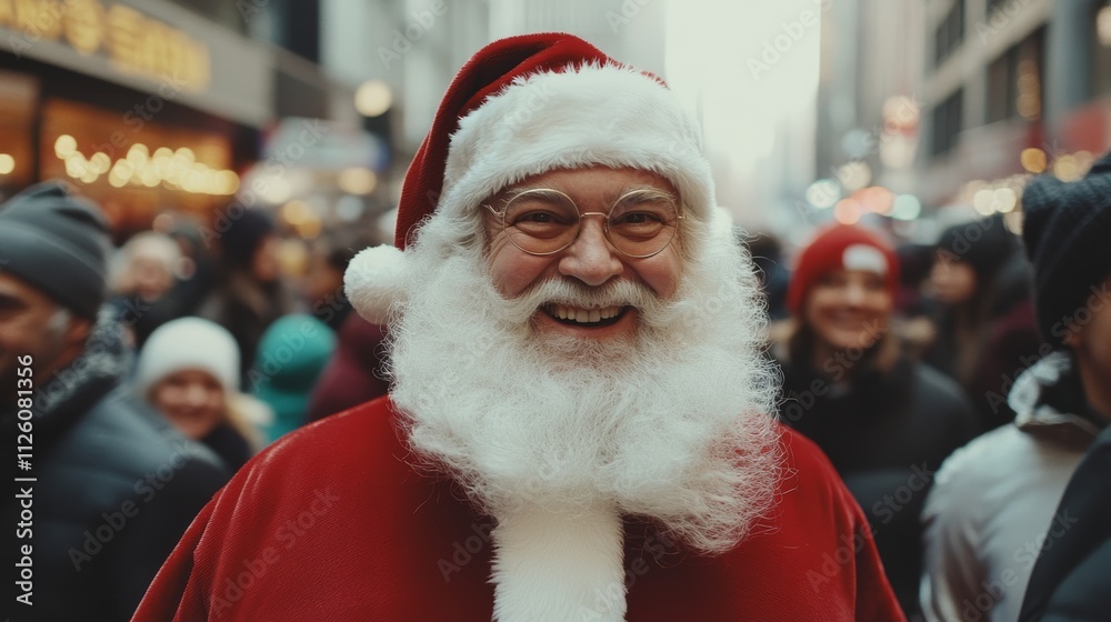 Happy Santa Claus in the middle of a busy New York street Happy Santa Claus in the middle of a busy New York street