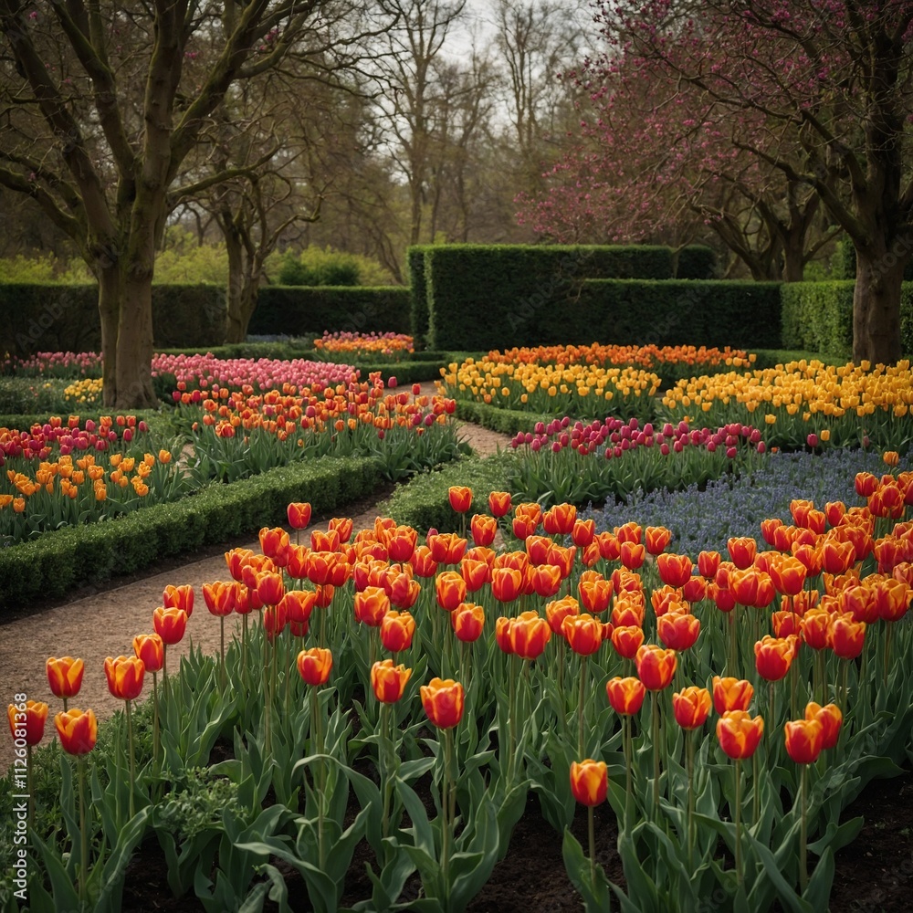 A vibrant tulip garden surrounded by hedges and trees. A vibrant tulip garden surrounded by hedges and trees.