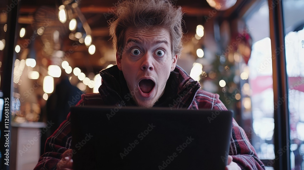Excited Young Man Reacting with Shock and Surprise While Viewing Content on Laptop in a Cozy Cafe Setting, Surrounded by Warm String Lights and Blur Background Excited Young Man Reacting with Shock and Surprise While Viewing Content on Laptop in a Cozy Cafe Setting, Surrounded by Warm String Lights and Blur Background