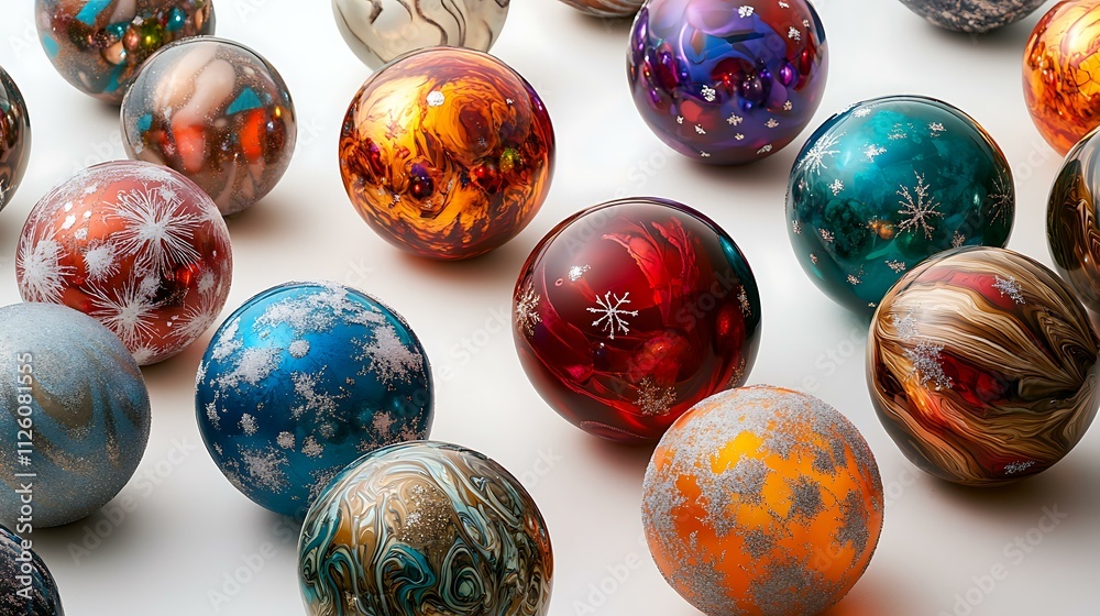 Vibrant Christmas balls in glossy finishes and festive patterns, arranged in a stylish composition on a white background Vibrant Christmas balls in glossy finishes and festive patterns, arranged in a stylish composition on a white background