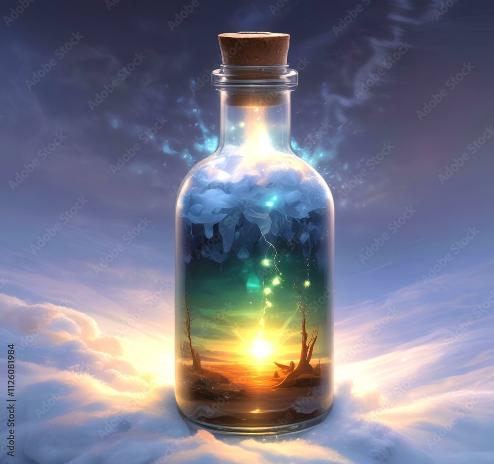 Illustration of bottle with magic spark inside. Illustration of bottle with magic spark inside.
