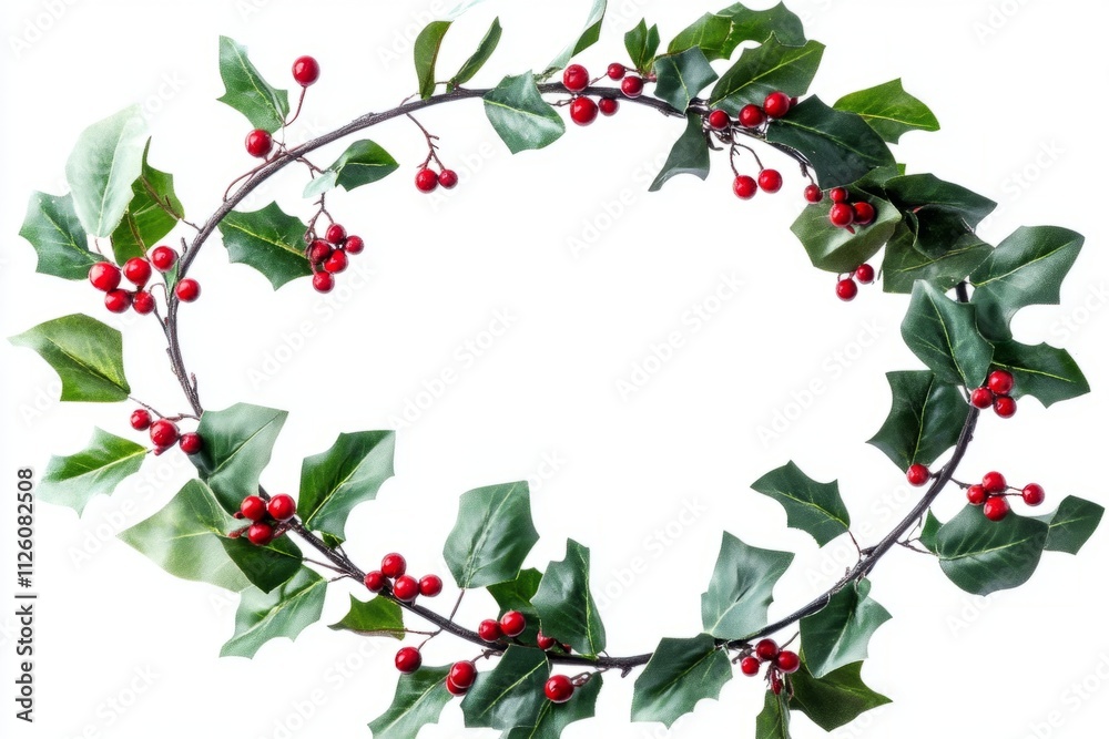 Fototapeta premium A beautifully crafted wreath made of vibrant green leaves and bright red berries. Perfect for festive occasions. Bring joy and warmth to your celebrations. Generative AI