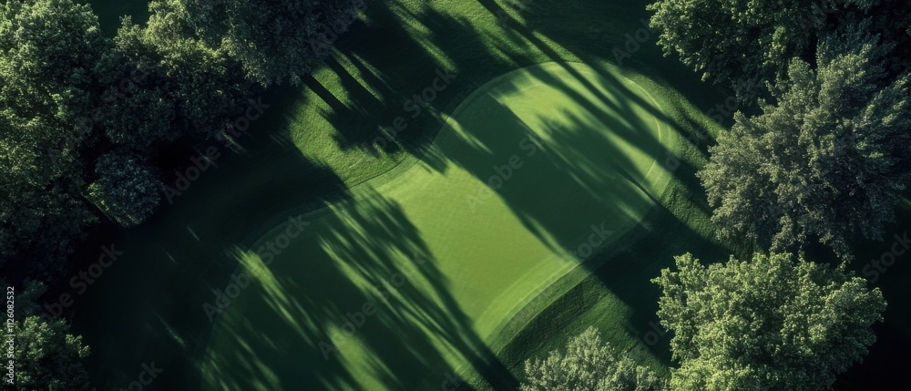 Obraz premium Aerial View of Golf Course Green Surrounded by Lush Forest Trees
