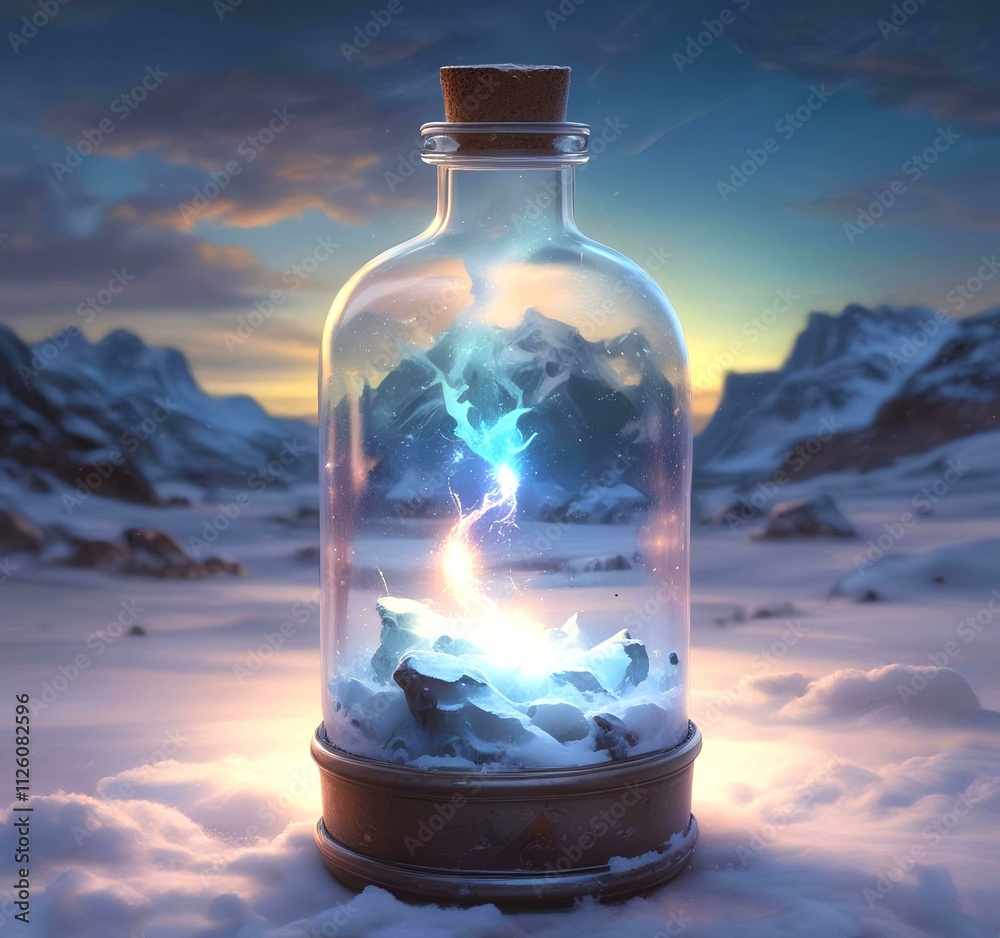 Illustration of bottle with magic spark inside. Illustration of bottle with magic spark inside.