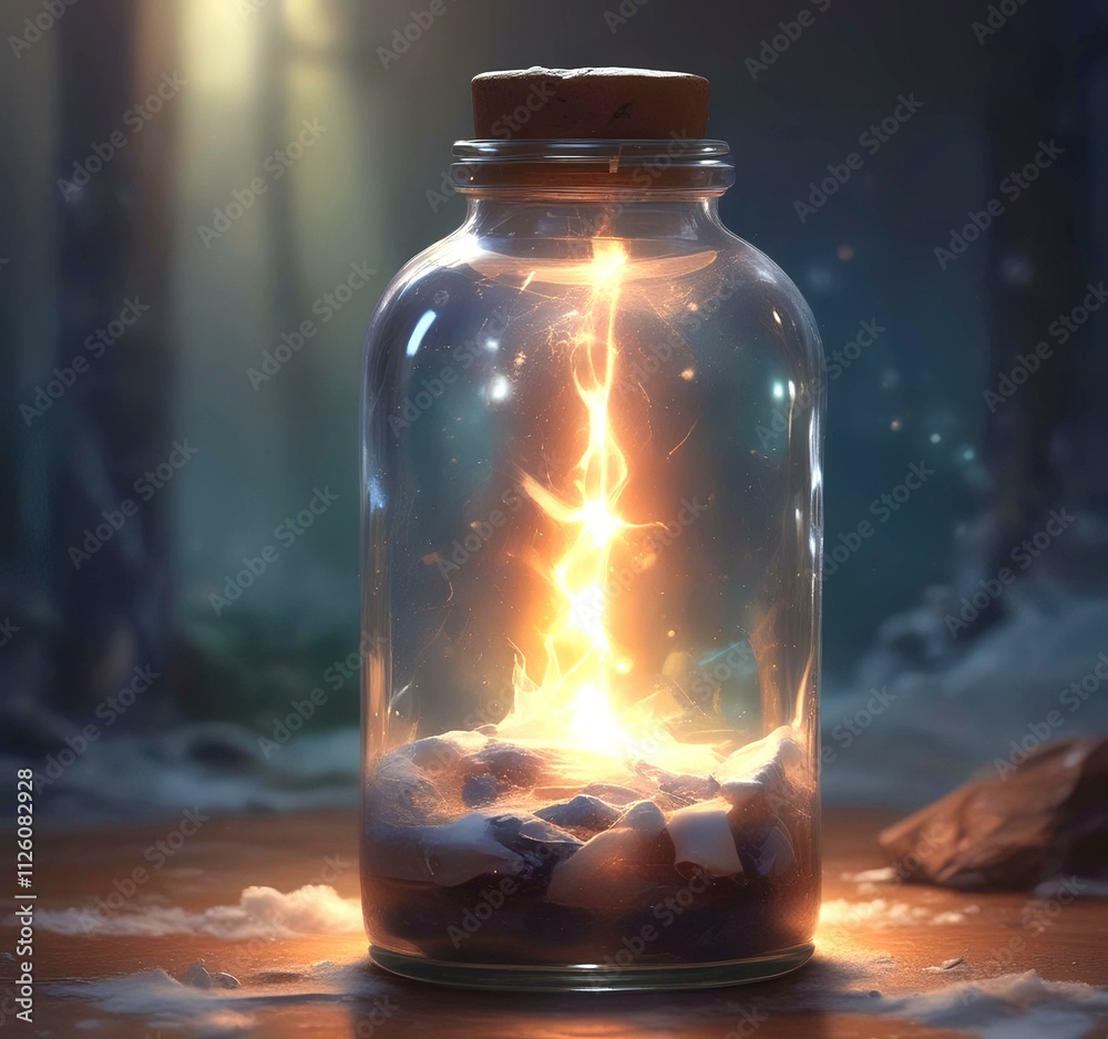 Illustration of bottle with magic spark inside. Illustration of bottle with magic spark inside.