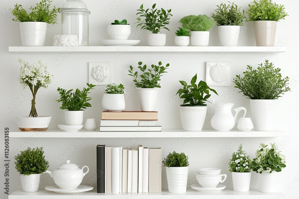 A set of clean white shelves displaying pottery, books, and potted plants in a minimalist style A set of clean white shelves displaying pottery, books, and potted plants in a minimalist style