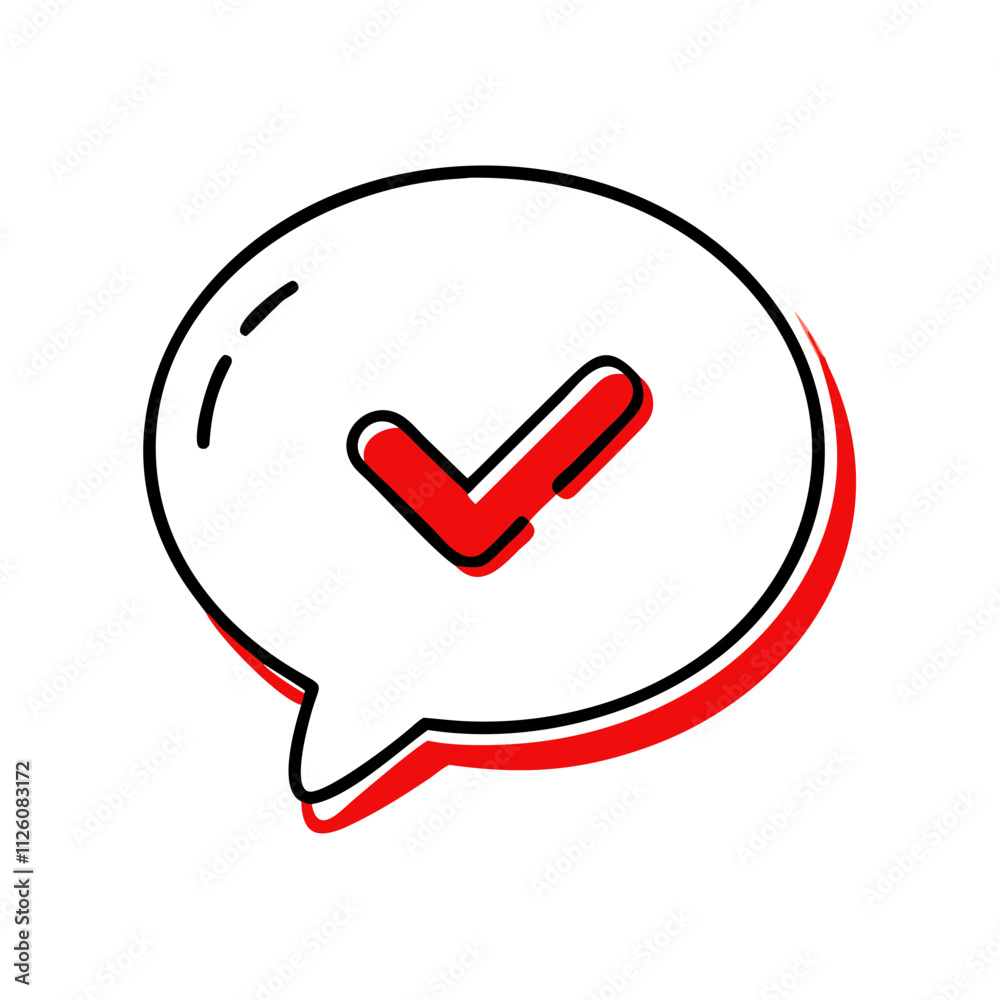 Stylized speech bubble icon with check mark in red and black outline Stylized speech bubble icon with check mark in red and black outline