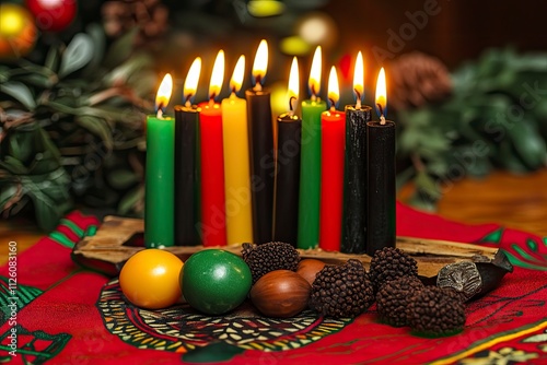 Kwanzaa festival concept with seven candles red, black and green in candlestick on wooden background,  photo