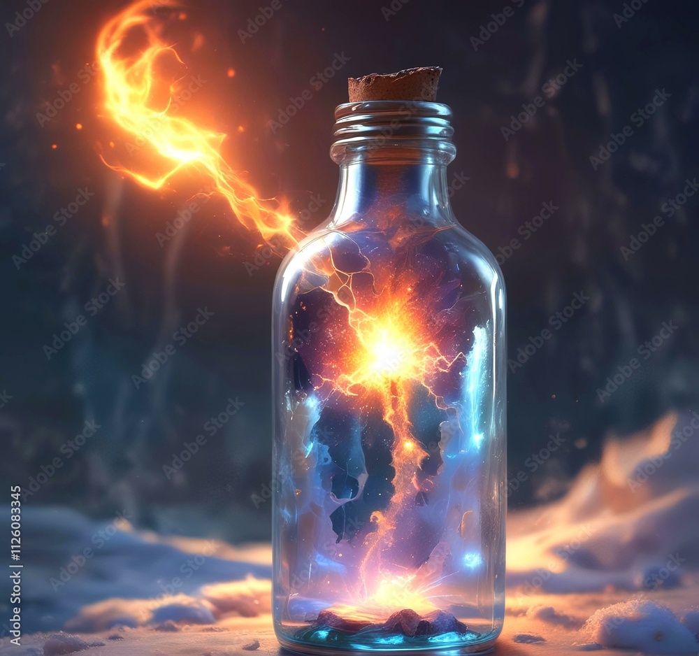 Illustration of bottle with magic spark inside. Illustration of bottle with magic spark inside.