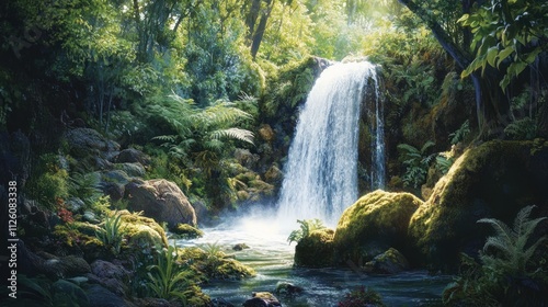 Serene Waterfall in Lush Rainforest Paradise