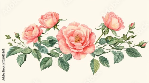 Delicate Pink Roses with Green Leaves on Soft Cream Background