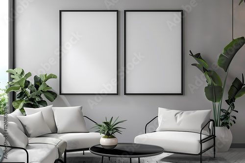 Modern living room featuring white sofas, a round coffee table, and lush greenery, creating a serene and stylish atmosphere.