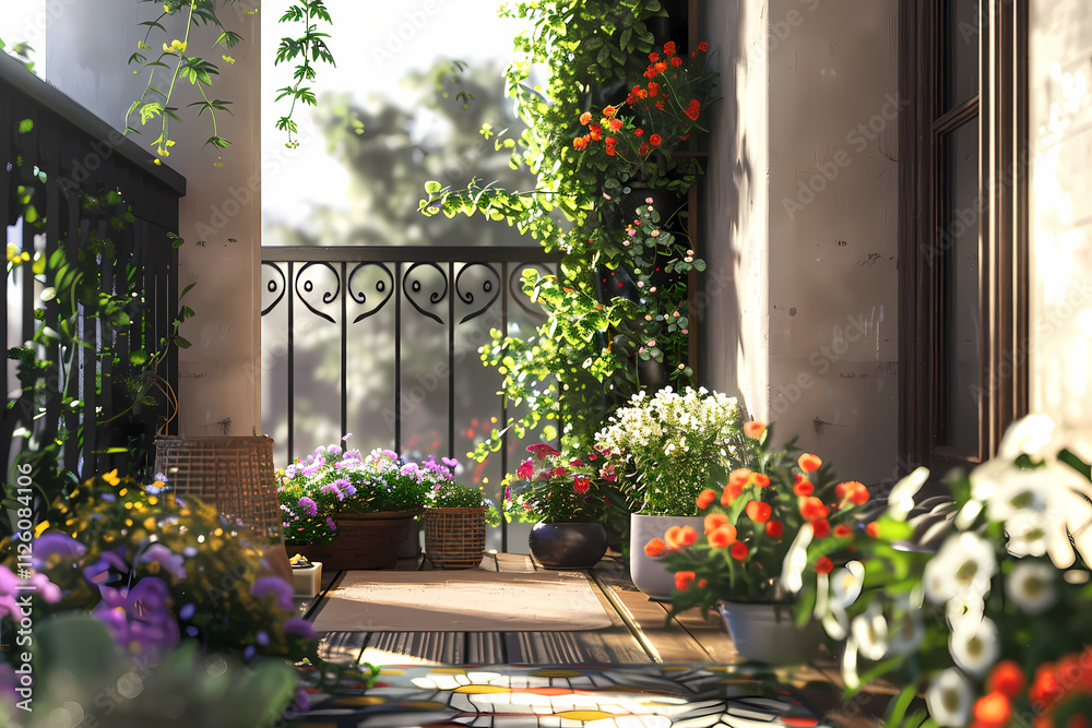 Obraz premium A vibrant balcony adorned with colorful flowers, creating a serene and inviting atmosphere bathed in warm sunlight.