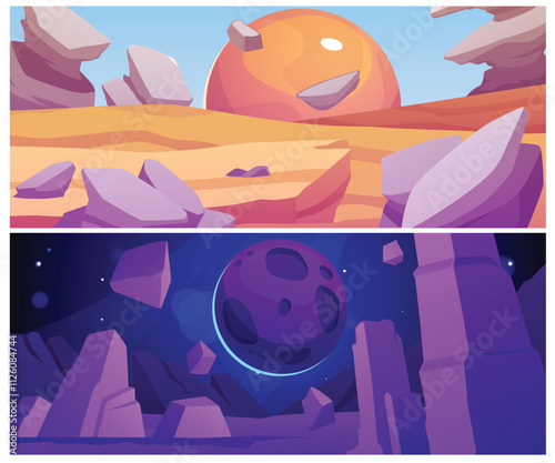 An illustration of a set showing an alien landscape at night and day with rocks and floating stones.