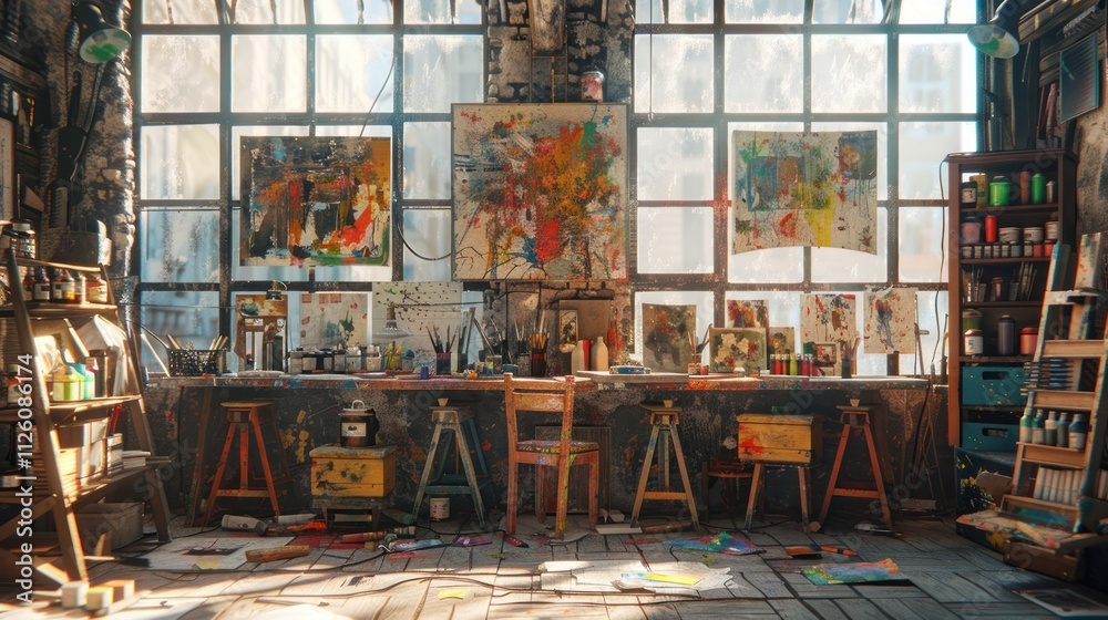 A vibrant artist's studio filled with colorful paintings, easels, and creative materials. A vibrant artist's studio filled with colorful paintings, easels, and creative materials.