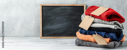 A pile of swapped clothes with tags that read 'Gently Used and Loved,' styled beside a chalkboard sign promoting sustainability. photo