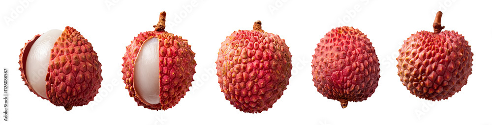 Lychee fruit isolated on white background, showcasing different stages of ripeness. Lychee fruit isolated on white background, showcasing different stages of ripeness.