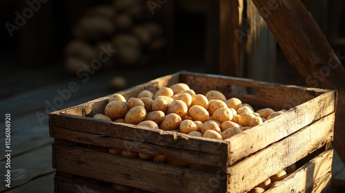 freshly harvested potatoes in a wooden crate photo