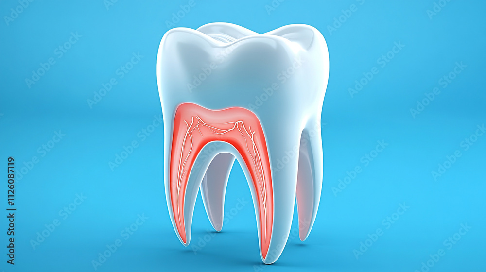 3D illustration of a human tooth structure with detailed anatomy on blue background. 3D illustration of a human tooth structure with detailed anatomy on blue background.