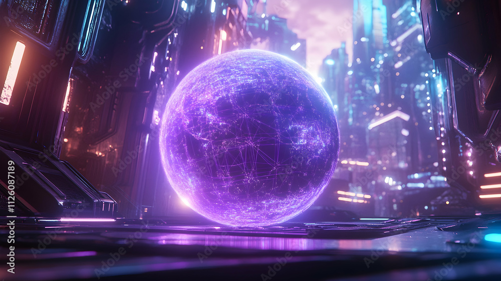 Futuristic Neon Globe In A Sci-Fi Cityscape Environment Futuristic Neon Globe In A Sci-Fi Cityscape Environment