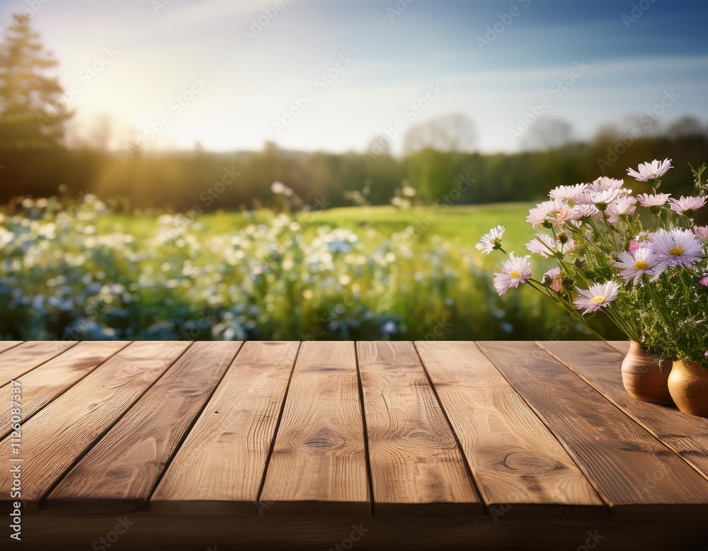 A romantic image of a wooden table overlooking a sunset-lit field