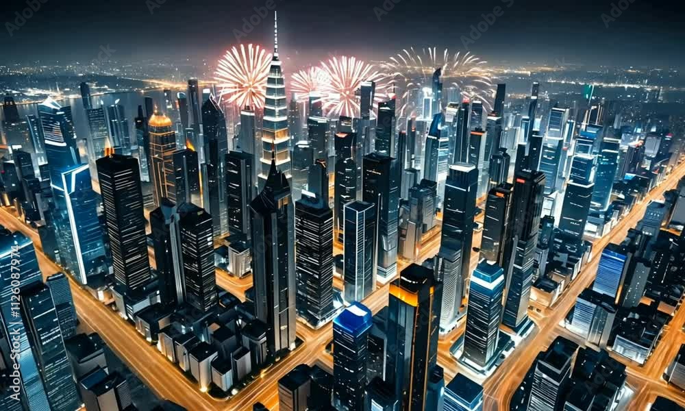 Futuristic city skyline glowing with lights and fireworks under night sky