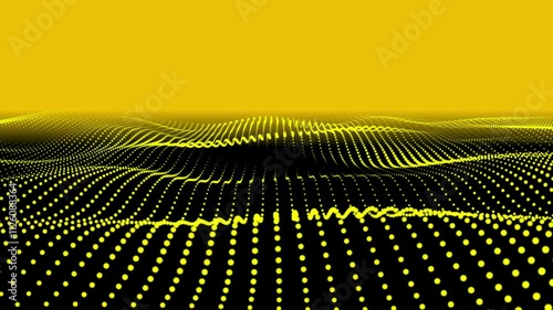 Abstract seamless animation of mesh glowing yellow dots digital luxurious wave particles flows background. Particles yellow wave Cyber technology abstract background loop