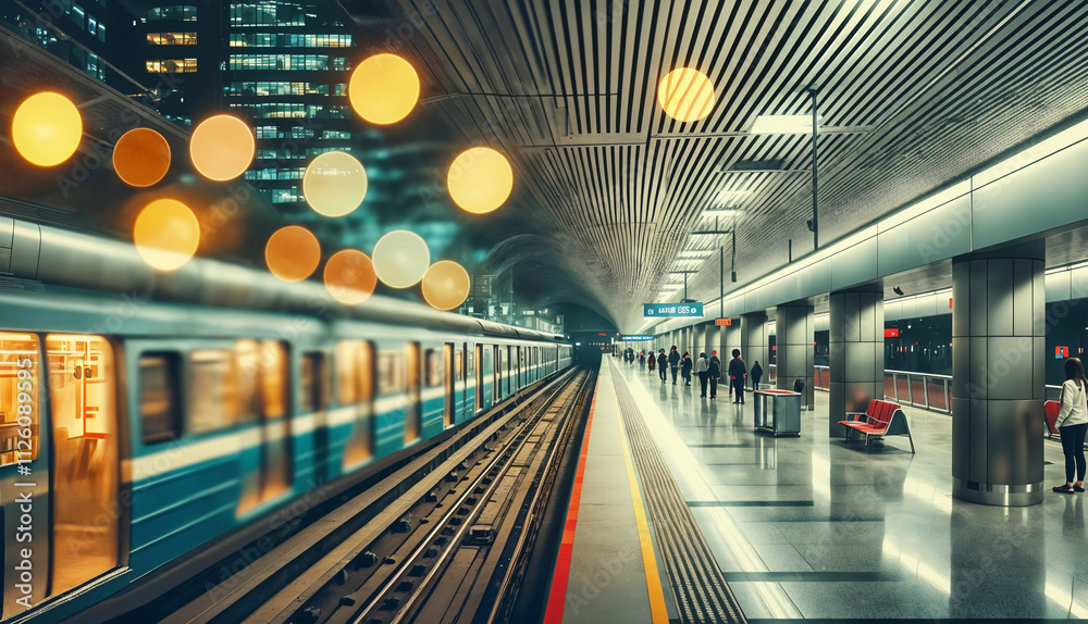 Sleek subway station with a train in motion and vibrant city lights in the background