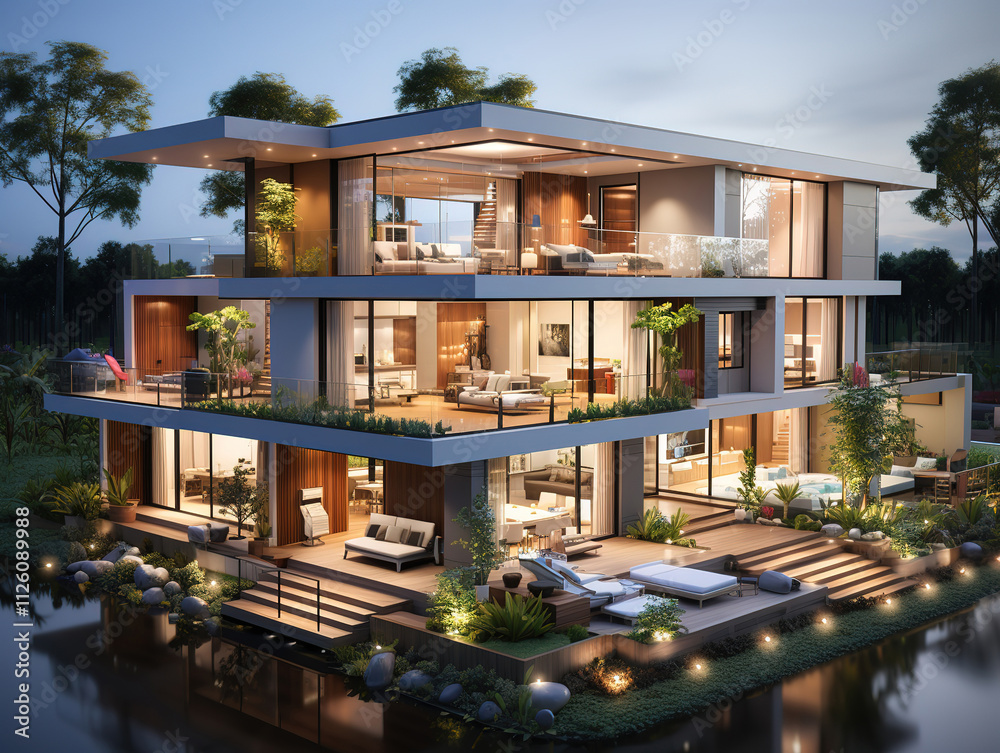 Obraz premium Stylish Architecture; beautiful house with pool, blue sky and lush garden