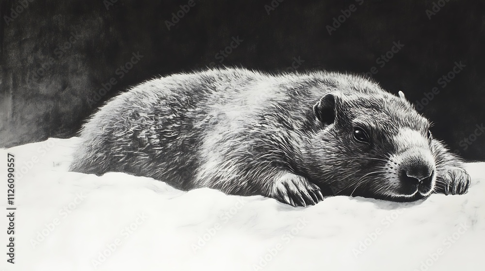 Obraz premium Detailed monochrome drawing of a woodchuck resting on snow.