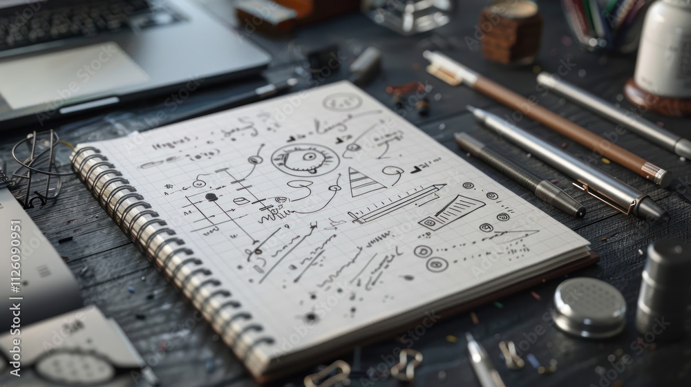 A sketchbook filled with diagrams and notes, surrounded by writing tools and a laptop. A sketchbook filled with diagrams and notes, surrounded by writing tools and a laptop.
