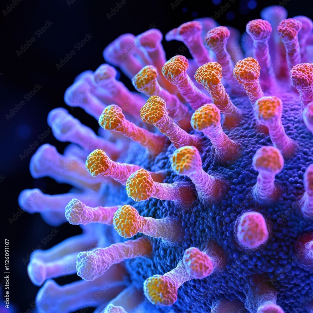 close-up of a colorful virus structure under a microscope