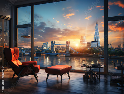Skyline von London bei Sonnenuntergang, Wolkenkratzer im goldenen Schein der Sonne