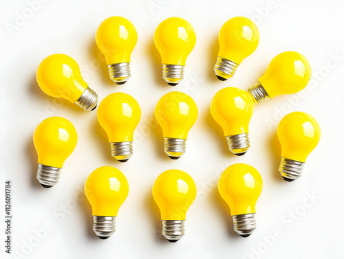 A vibrant collection of yellow light bulbs arranged artistically on a white background, symbolizing creativity and innovation.