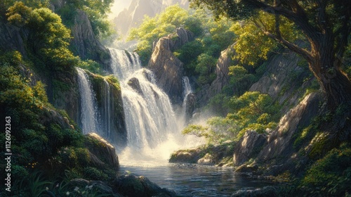 Serene Waterfall in Lush Green Forest: A Digital Painting of Tranquil Nature