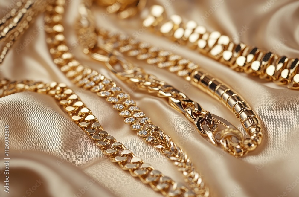 A Close-Up View of Stunning Gold Chains and Jewelry Laid on Luxurious Satin Fabric, Showcasing Intricate Designs and Sparkling Details in Elegant Arrangement A Close-Up View of Stunning Gold Chains and Jewelry Laid on Luxurious Satin Fabric, Showcasing Intricate Designs and Sparkling Details in Elegant Arrangement