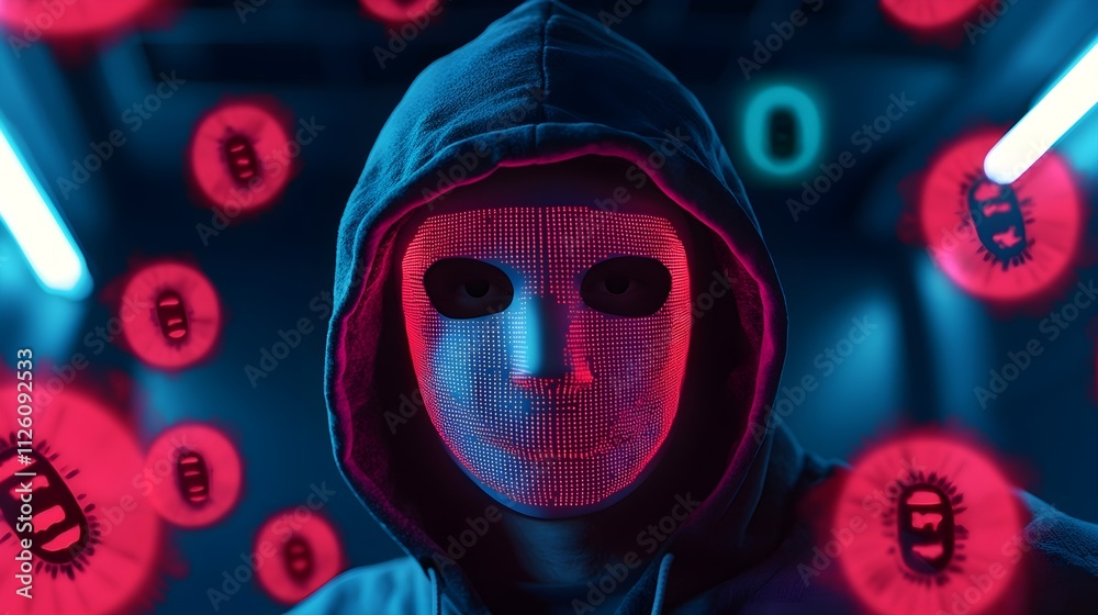 Anonymous Hacker with LED Mask in Neon Light Anonymous Hacker with LED Mask in Neon Light
