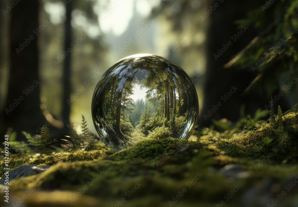A Crystal Ball Reflecting a Serene Forest Landscape Surrounded by Lush Greenery and Sunlit Trees, Perfect for Nature and Fantasy Themes A Crystal Ball Reflecting a Serene Forest Landscape Surrounded by Lush Greenery and Sunlit Trees, Perfect for Nature and Fantasy Themes
