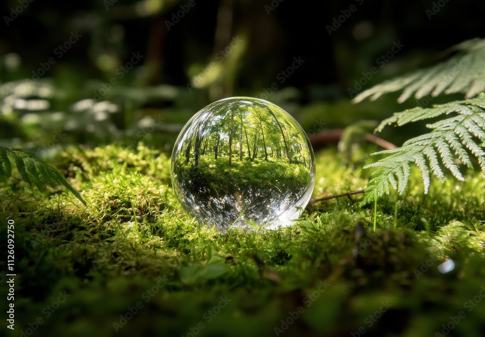 A Crystal Sphere Reflecting Lush Greenery in a Serene Forest Ecosystem Surrounded by Soft Moss and Delicate Ferns Under Natural Light A Crystal Sphere Reflecting Lush Greenery in a Serene Forest Ecosystem Surrounded by Soft Moss and Delicate Ferns Under Natural Light
