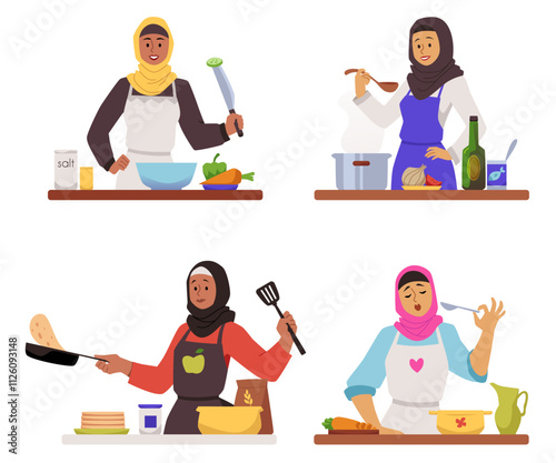 Muslim woman cooking on the kitchen vector set, cartoon female in hijab preparing halal food, tasting the dish from pot