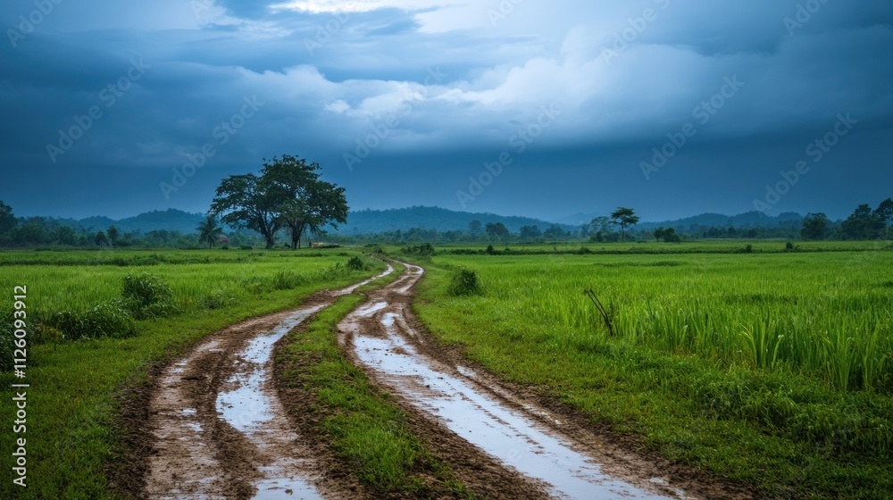 Muddy road through lush green rice paddy field under a dramatic sky. Muddy road through lush green rice paddy field under a dramatic sky.