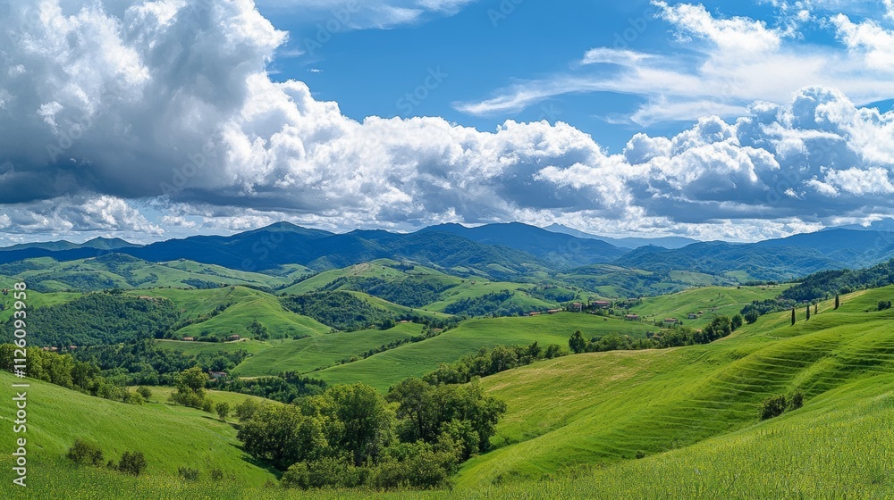 Naklejka premium Beautiful green hills with big fluffy white clouds in the sky.