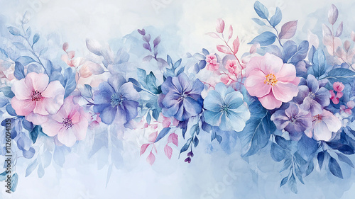 Aesthetics colorful tenderness illustration of floral pattern, beautiful and soft pastel watercolor floral patterns, Soft watercolor painting of pastel colored flowers with watercolor stains.