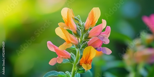 Close up of a sage dolphin flower showcasing its vibrant colors against a lush green summer background, highlighting the unique beauty of the sage dolphin flower in full bloom. photo