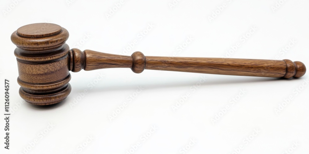 Wooden gavel resting on a white background symbolizes authority and justice. This wooden gavel showcases the classic design, perfect for representing legal proceedings and decisions. Wooden gavel resting on a white background symbolizes authority and justice. This wooden gavel showcases the classic design, perfect for representing legal proceedings and decisions.