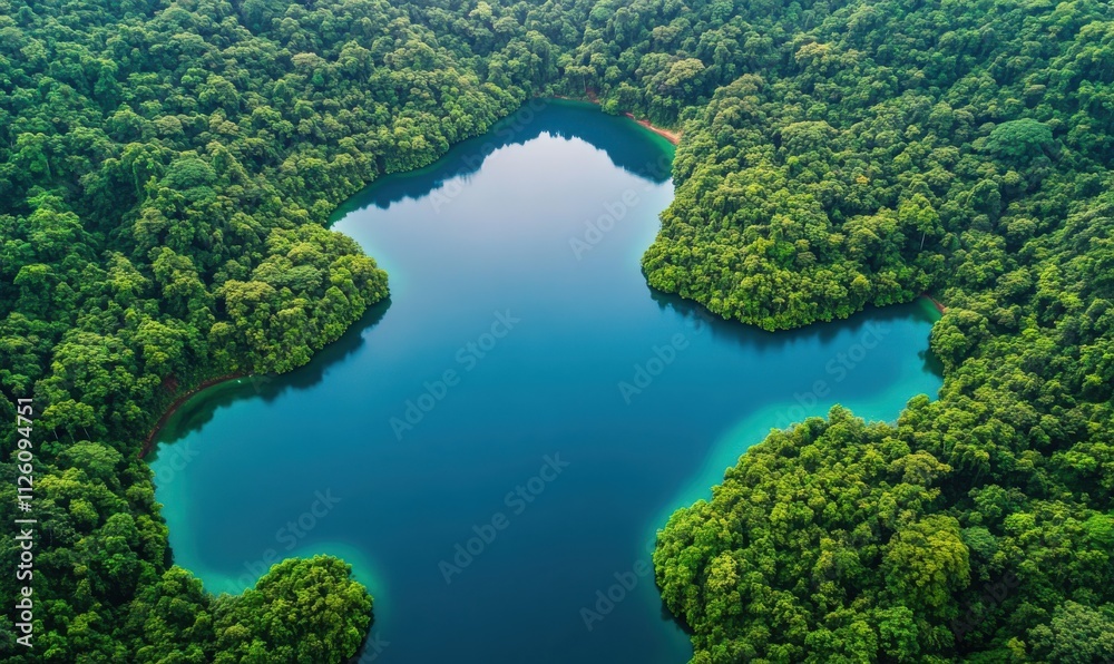 Aerial View of a Serene Lake Surrounded by Lush Green Forest in a Tropical Landscape Showcasing Nature's Beauty and Tranquility