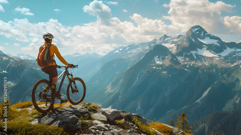 Fototapeta premium Mountain biker pauses atop a peak, admiring a scenic vista of majestic mountains under a vibrant sky.