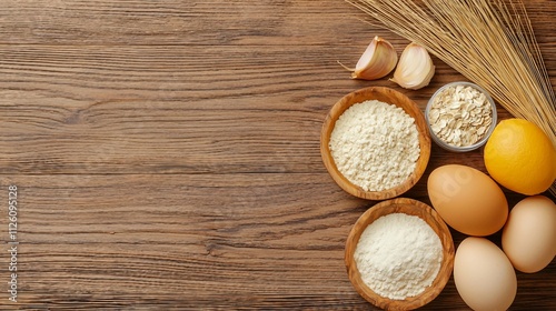 Ingredients for Baking with Eggs, Flour, Lemon, and Oats on Wood