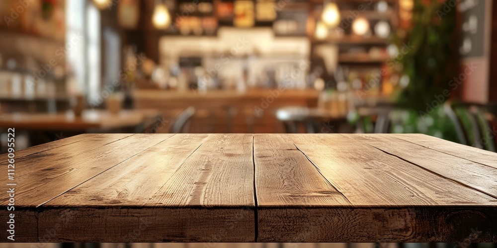 Empty wooden table with a blurred backdrop of a cafe, perfect for showcasing products. This empty wooden table offers an ideal setting for product montages in a cafe atmosphere.