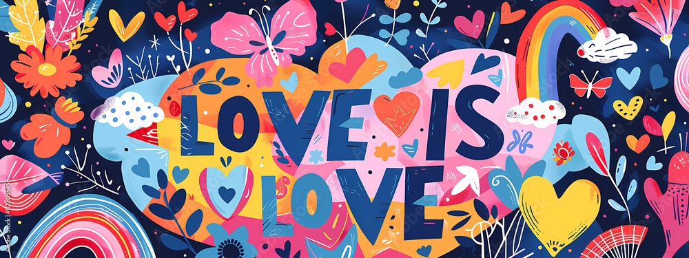 Naklejka premium A vibrant and colorful illustration featuring the phrase 'Love is Love' surrounded by whimsical flowers, butterflies, and rainbows.